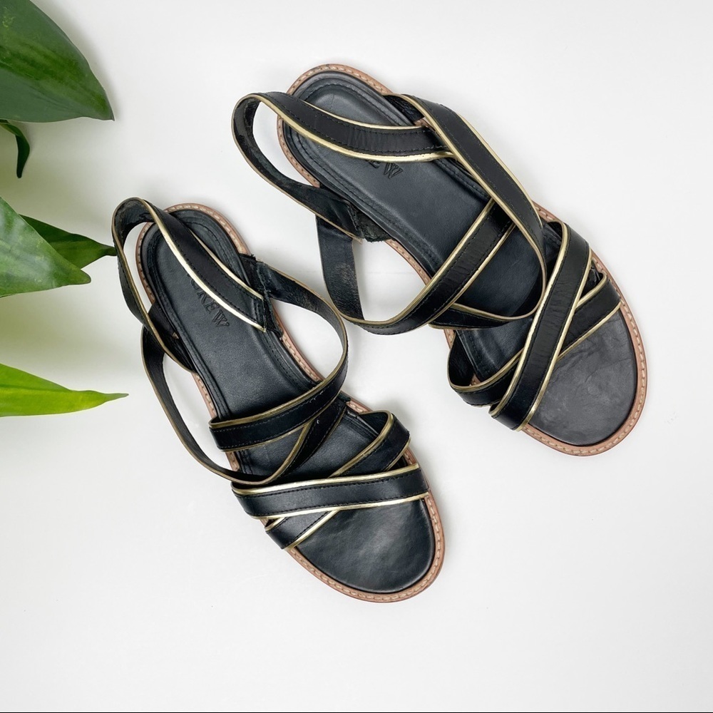 J. Crew Black and Gold Leather Strappy Sandals 6.5